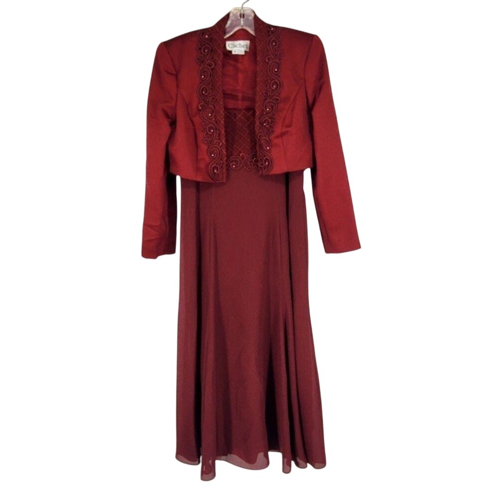 Cachet Dress Jacket Set 8P Red Chiffon Embroidered Formal 2 Piece Wedding FLAWS